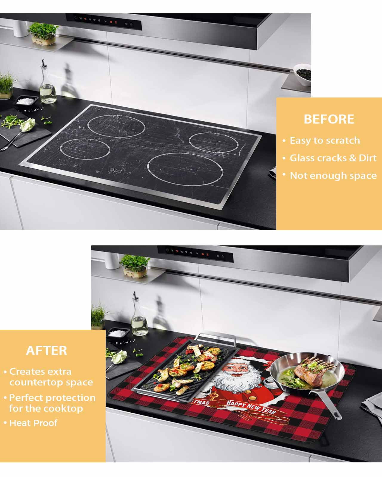 Large Induction Cooktop Protector Mat Christmas Stove Top Covers for Electric Stove, Xmas Santa Claus Red Black Buffalo Plaid Decorative Stove Burner Cover Mats, Glass Top Stove Cover