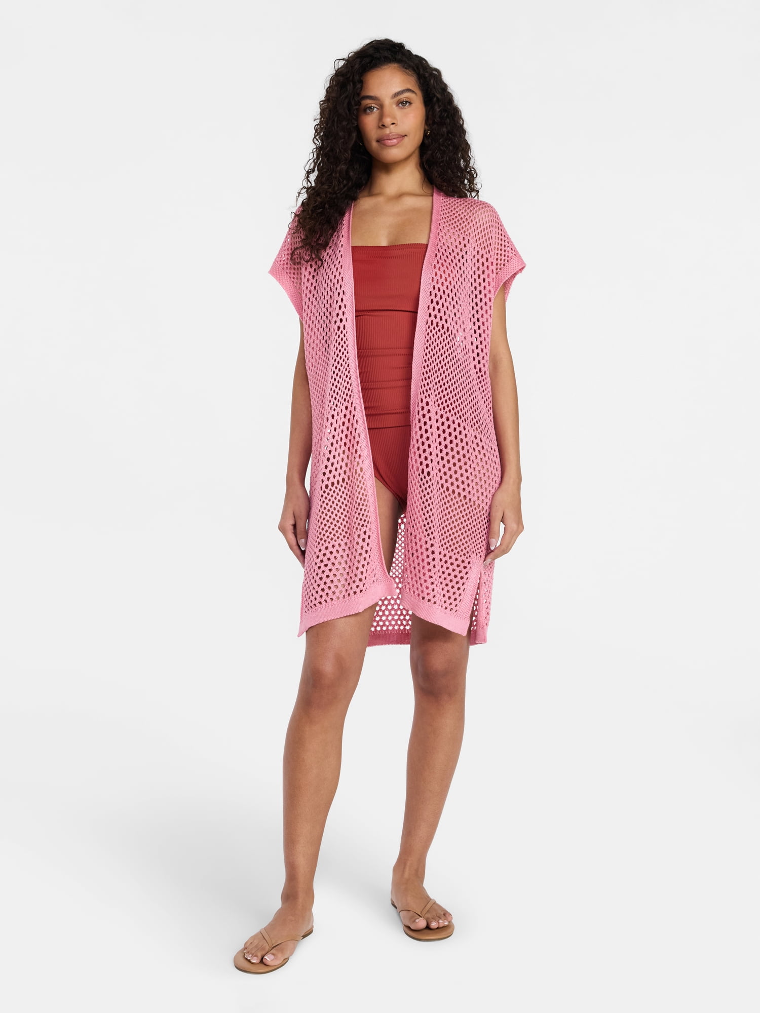 Time and Tru Women's Openwork Knit Coverup, Size L/XL, Pink Pottery