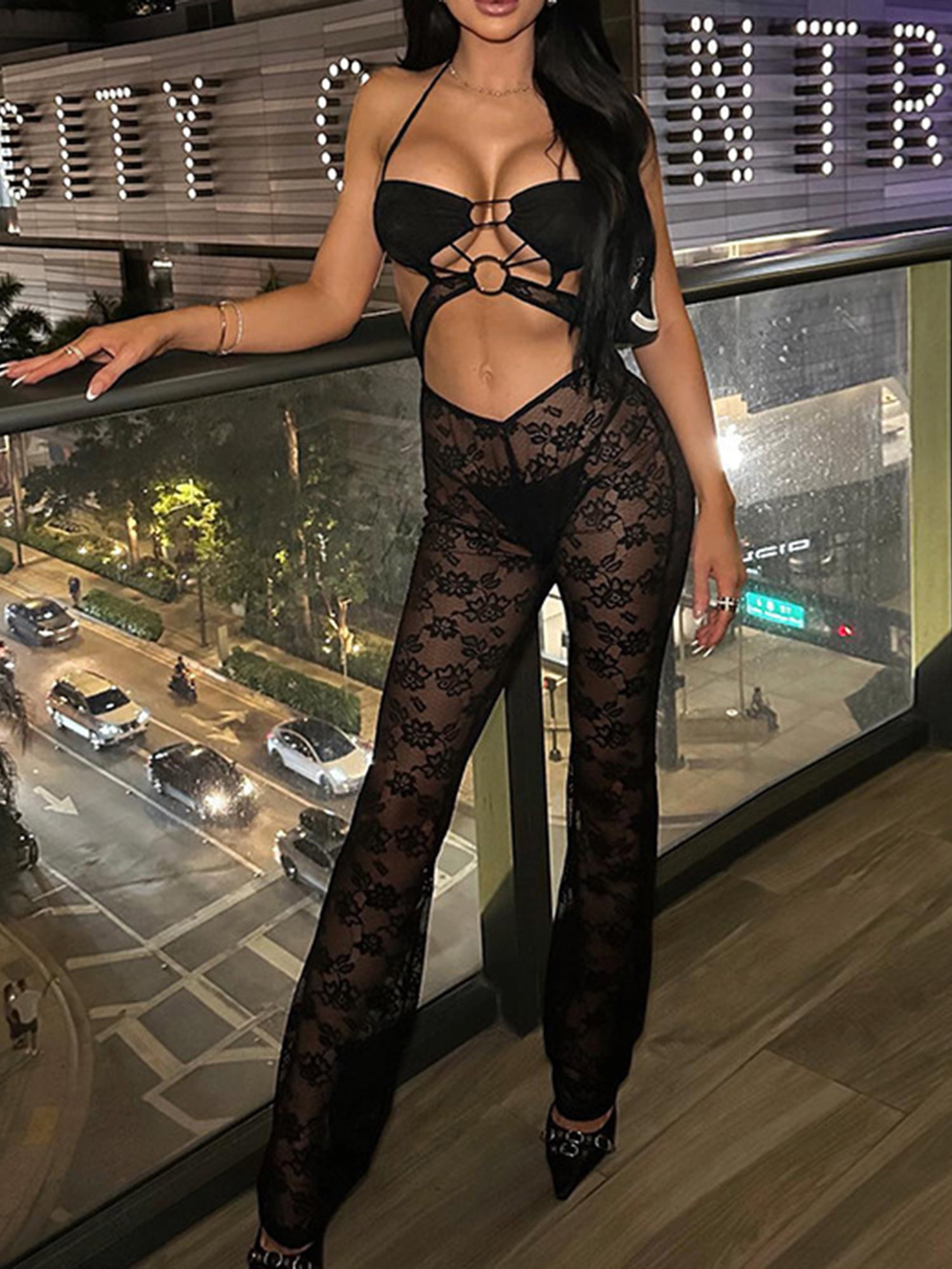 LACE TOP SET ROMPERS　Мsize Amazon.com: WDIRARA Women's Notched V Neck Mesh Layered