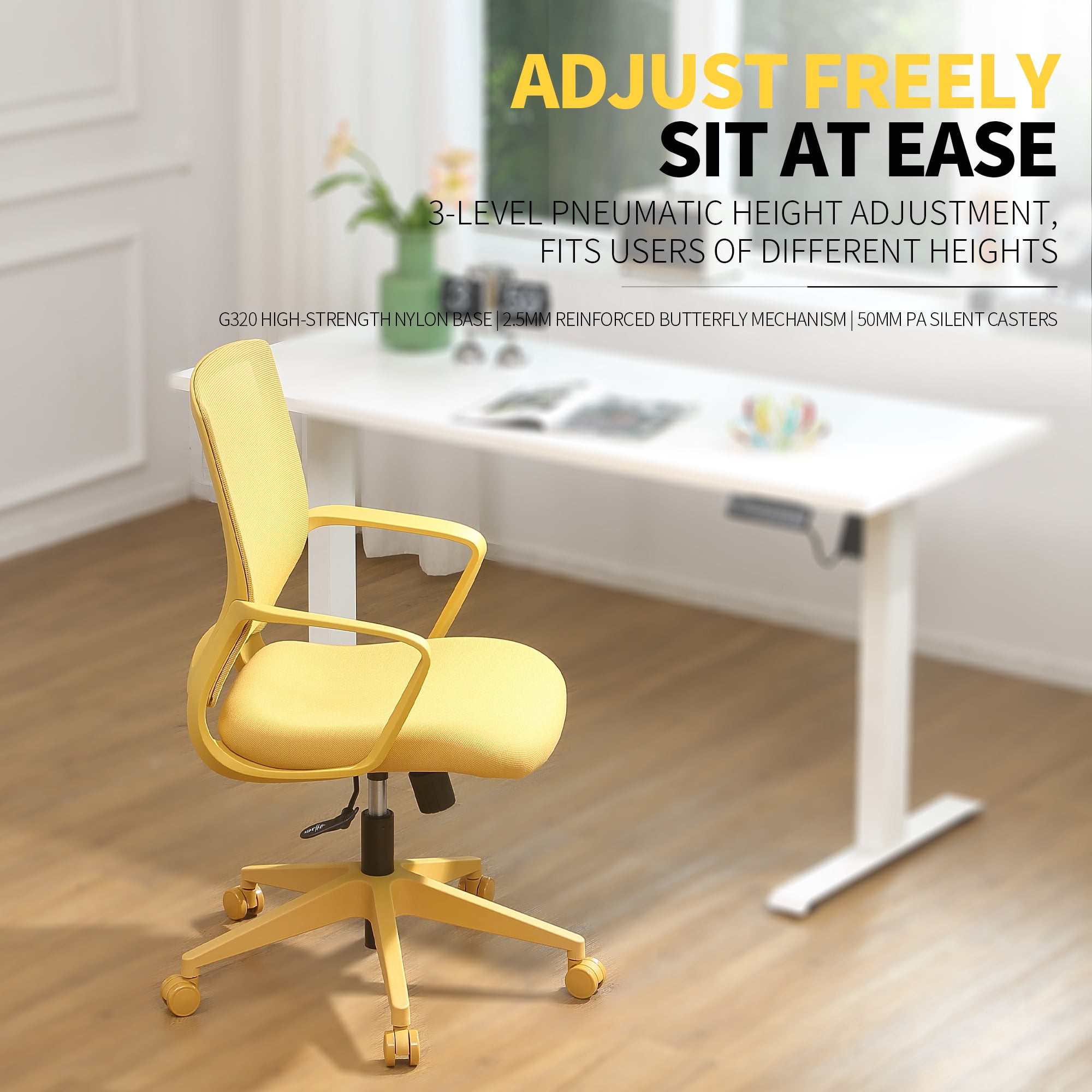 Colorful Office Task Chair 350LBS, Home Office, Mesh Back,Comfortable Sitting, Fixed Armrest, Swivel, Height Adjustable Chair (Yellow)