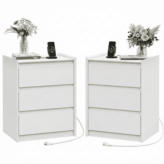 3 Drawers White Nightstand Set of 2 with Charging Station, 24" Tall Bedside Table End Table for Bedroom or Living Room