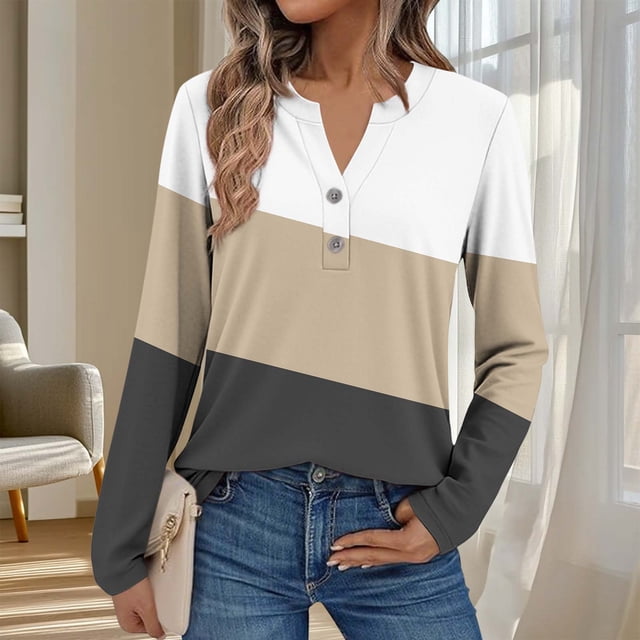Ailaofu Womens Long Sleeve Tops Fall Button V Neck Graphic Shirts Dressy Casual Henley Tops Women Blouses