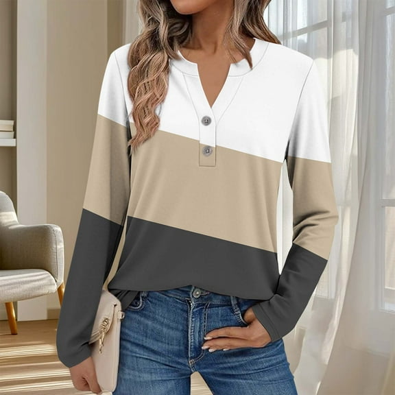 HongQid Long Sleeve Tops for Women Henley Raglan Notched V Neck T Shirts Button Shirts Womens Blouses
