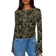 thumbnail image 6 of Women Long Sleeve Floral Mesh Tops Blouse Trendy Boat Neck Ruched Fitted Shirt Going Out Outfits Green XS, 6 of 10