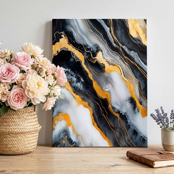 Canvas Wall Art Abstract Marble Canvas Art Print Black White Gold Gradient Texture Pictures Wall Decor for Living Room Bedroom Artwork Decorations Stretched Framed Ready to Hang 11"x14"