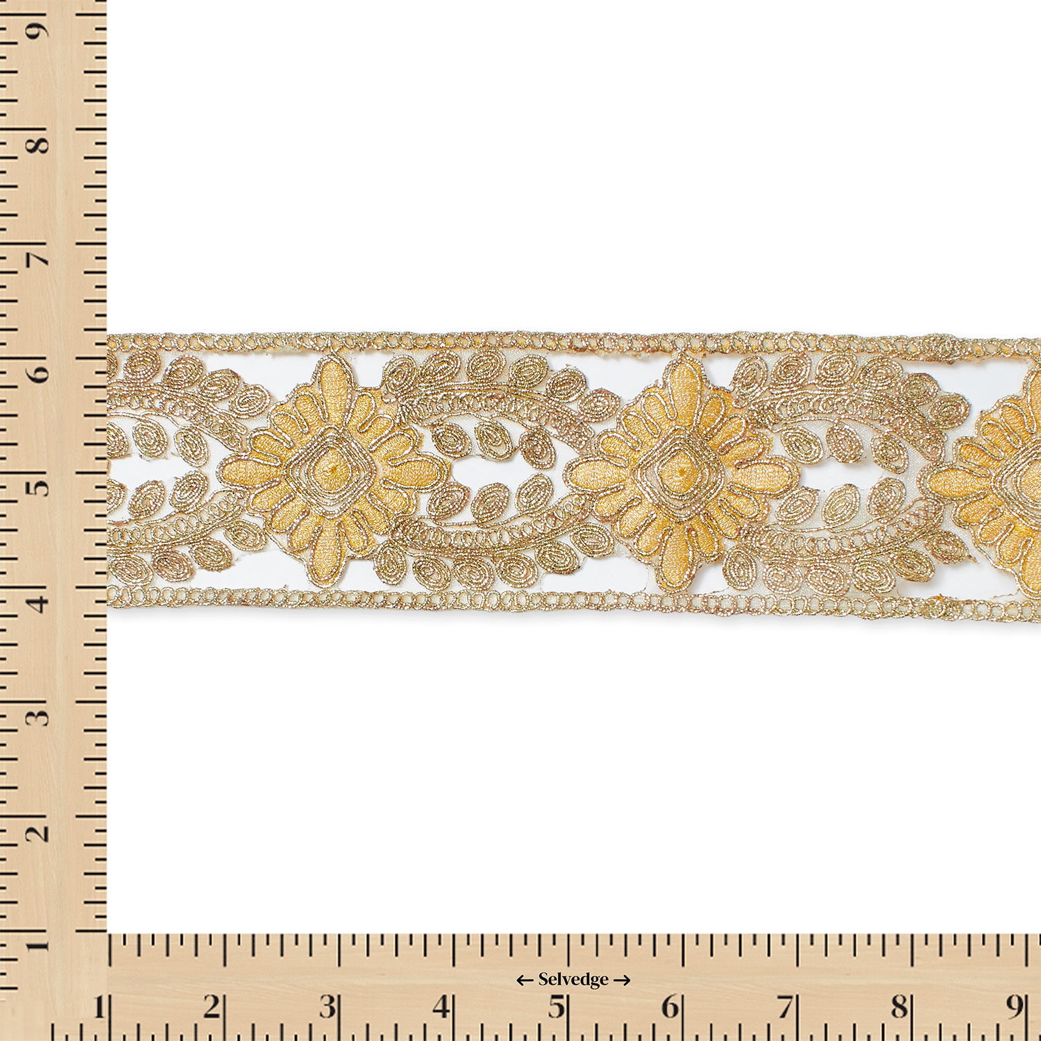 Mesh Lace Trim 2.5 Inch Sheer Floral Metallic Corded Embroidery 9.8 Yard (9 Meter) Pack - Gold, 5 Packs