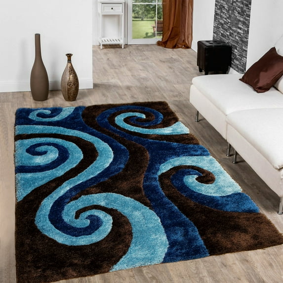 Allstar Brown Shaggy Area Rug with 3D Blue Spiral Design. Contemporary Formal Casual Hand Tufted (7' 6" x 10' 5")