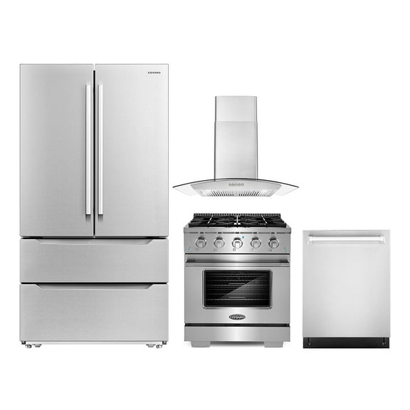 Cosmo 4 Piece Kitchen Appliance Package with 30" Freestanding Gas Range 30" Wall Mount Range Hood 24" Built-in Integrated Dishwasher & French Door Refrigerator Kitchen Appliance Bundles