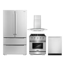 Cosmo 4 Piece Kitchen Appliance Package with 30" Freestanding Gas Range 30" Wall Mount Range Hood 24" Built-in Integrated Dishwasher & French Door Refrigerator Kitchen Appliance Bundles