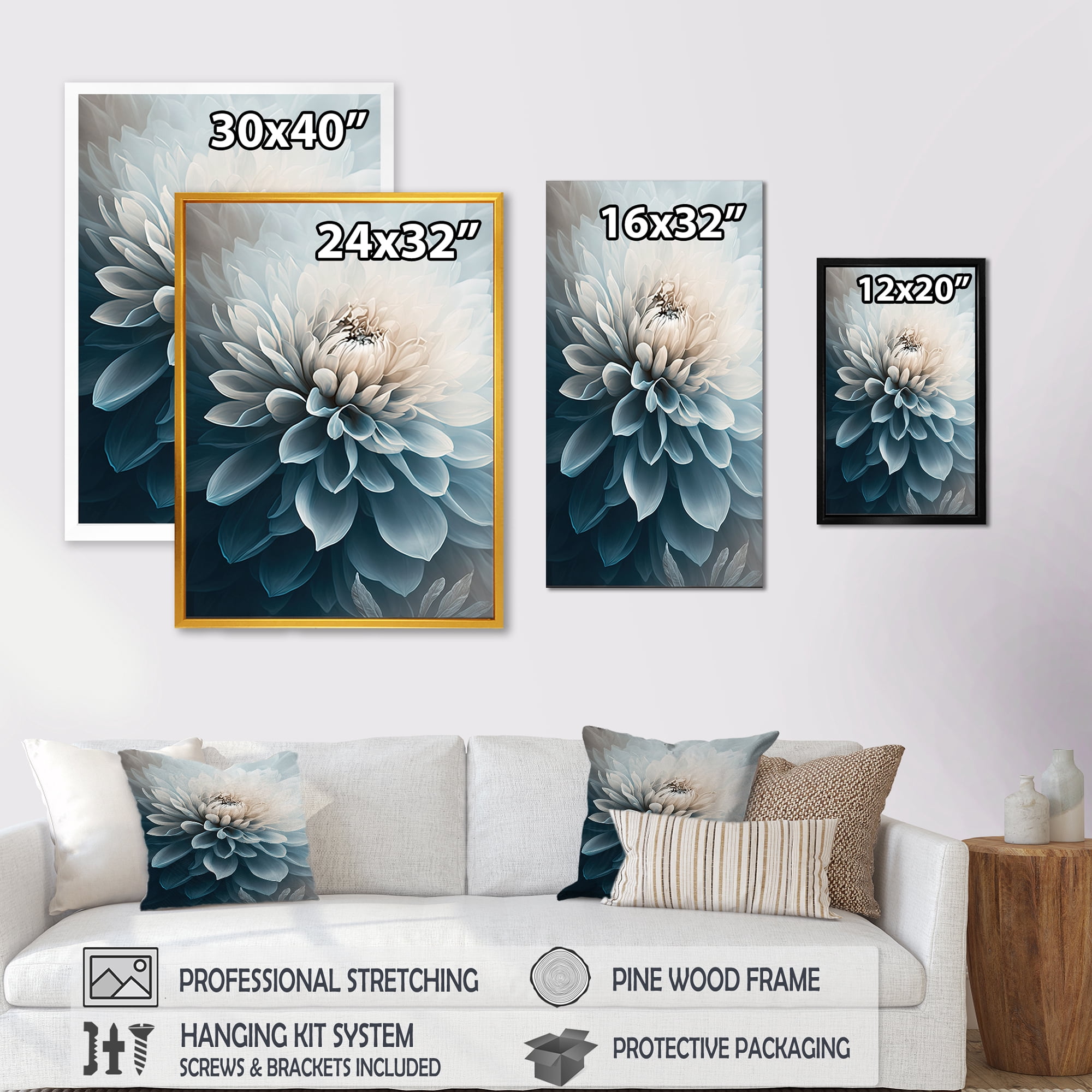 Designart Dahlia Flowers Blue And White I Canvas Wall Art