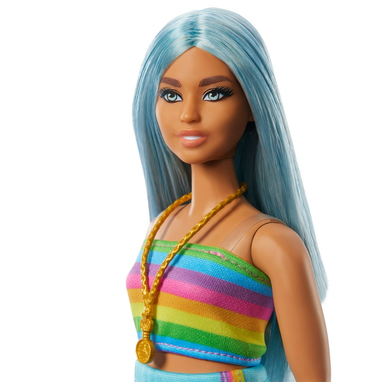 Barbie Fashionistas Doll #218 with Blue Hair, Rainbow Top & Teal