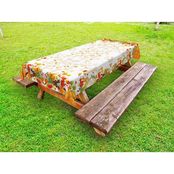 Thanksgiving Outdoor Tablecloth, Fall Colors Ladybug Maple Leaf Woods Pine Nuts Berries Design Pattern, Decorative Washable Fabric Picnic Table Cloth, 58 X 84 Inches,WhiteYellow Orange, by Ambesonne