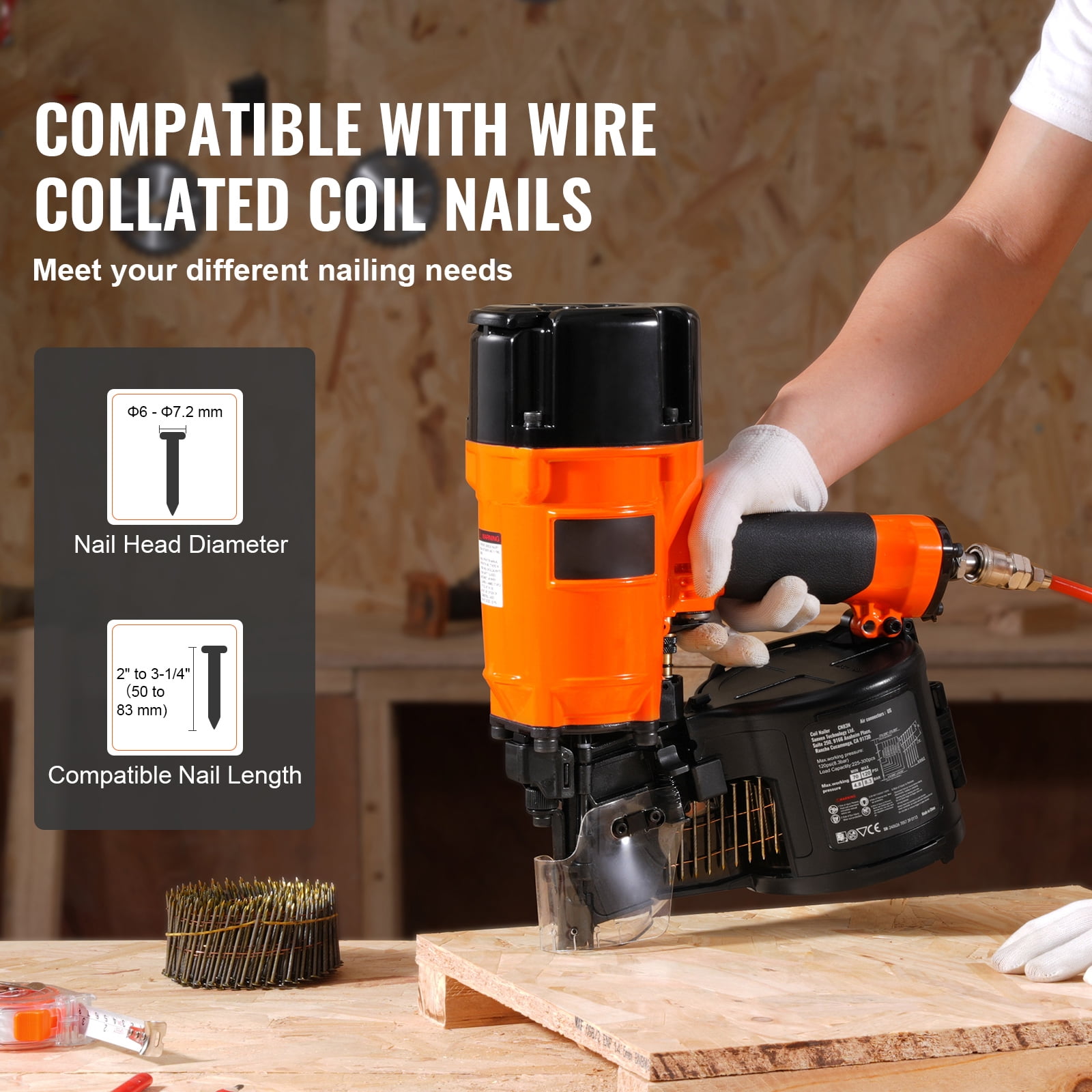 KFFKFF Pneumatic Coil Siding and Framing Nailer CN83N, Adjustable 2"-3.25" Nail Length, 15 Degree, 70-120PSI, Tool-Free Depth Setting, for Wood Fencing, Sheathing, Decking