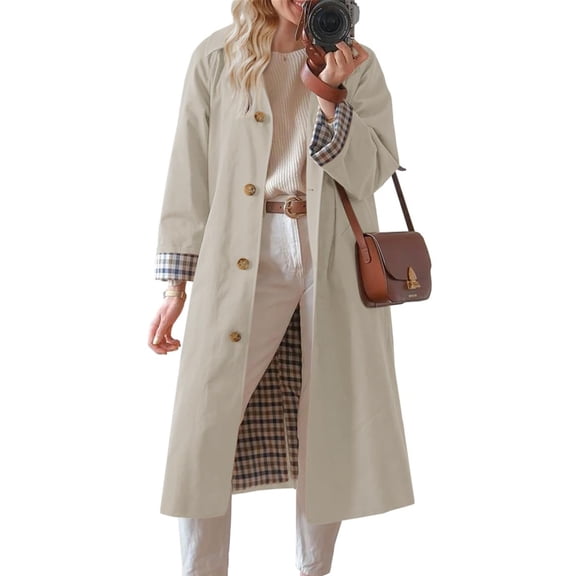 Spring Fall Women Plaid Patchwork Long Sleeved Single Breasted Casual Trench Coat
