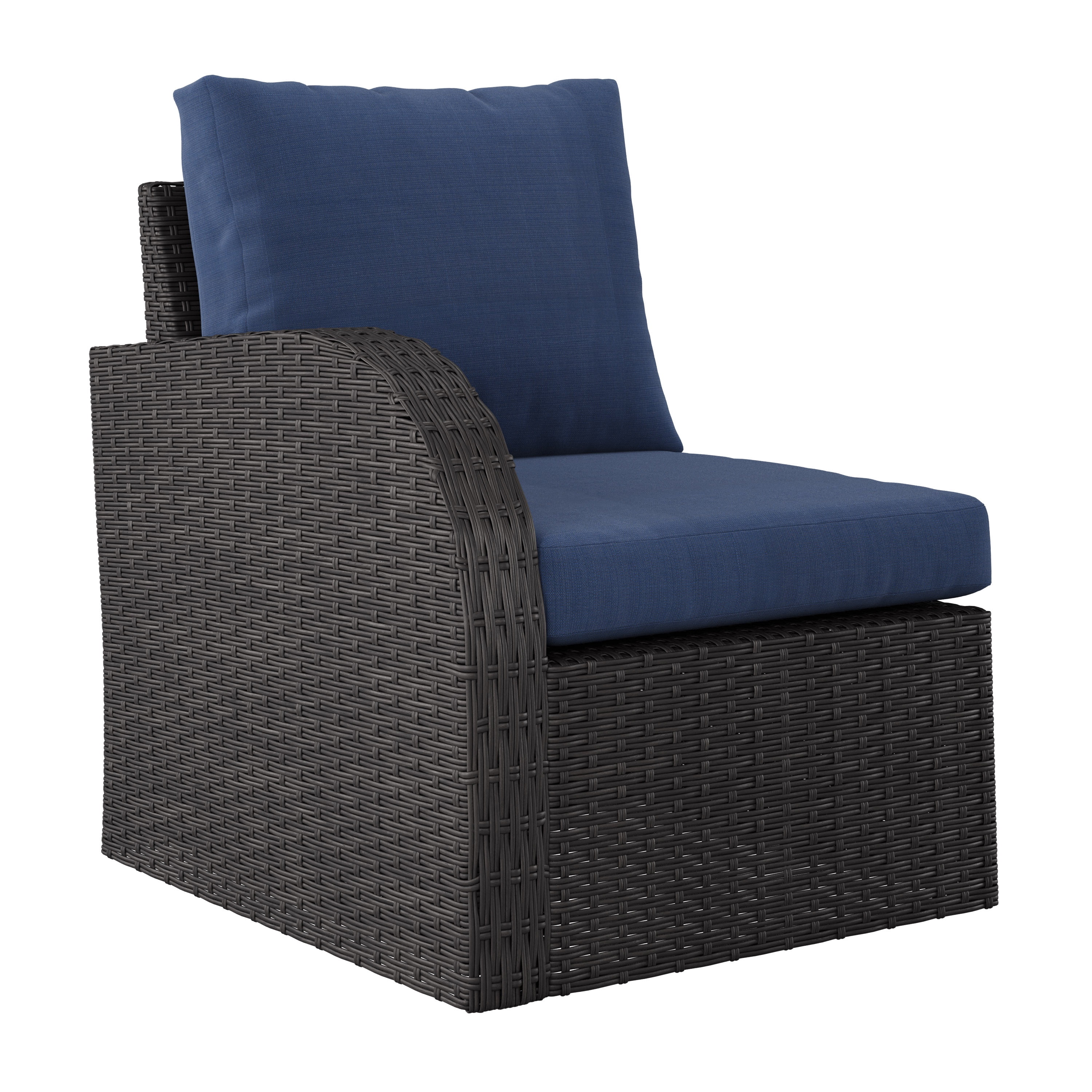 CorLiving Brisbane Rust-Resistant Resin Wicker and Steel Left Arm Outdoor Patio Sectional Piece with Cushions, Charcoal Grey/Navy Blue