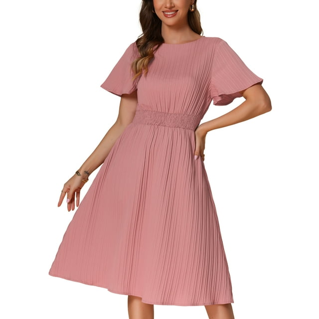 INSPIRE CHIC Vestido midi casual con mangas cortas en capa, cintura elástica, cuello redondo y plisado en color rosa, talla XS