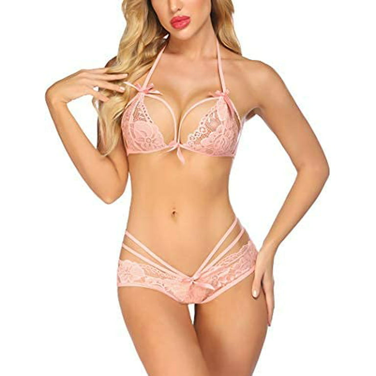 Lingerie Lace Babydoll 2 Piece Sexy Bra and Panty Sets Light Pink