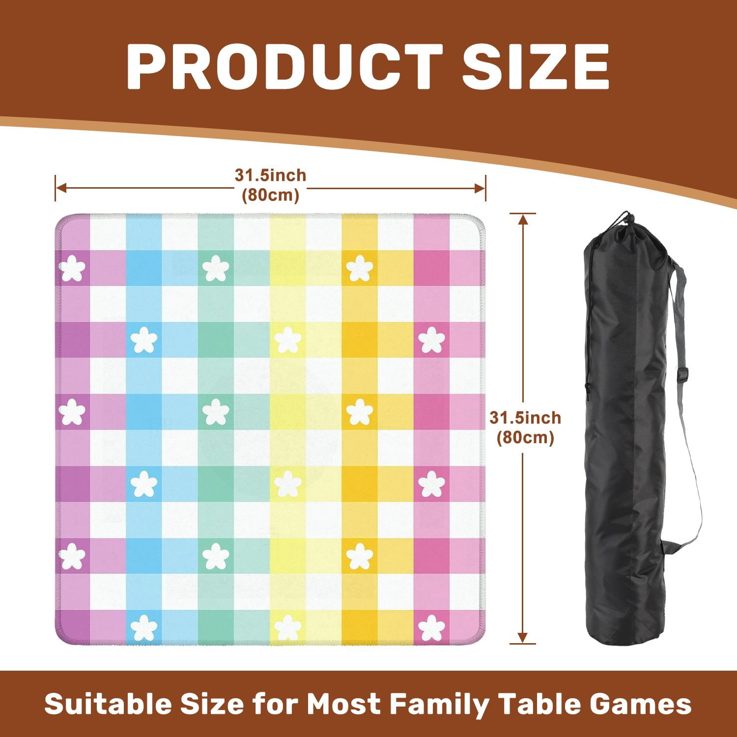 Mahjong Mat 31.5" x 31.5" Pastel Colored Checkered White Flowers Non-Slip Noise Reduction American Mahjong Tiles Table Cover for Dominoes Poker Card Board Games Gift