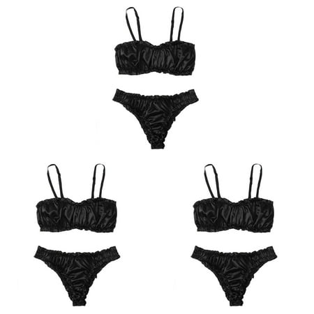Hion Sexy Lingerie Night Bra Bust Up Satin Lace Frilled Sling Rhinestone Lingerie for Women Set Underwear Chemise Lingerie for Women Support PlusBlack (3Packs)