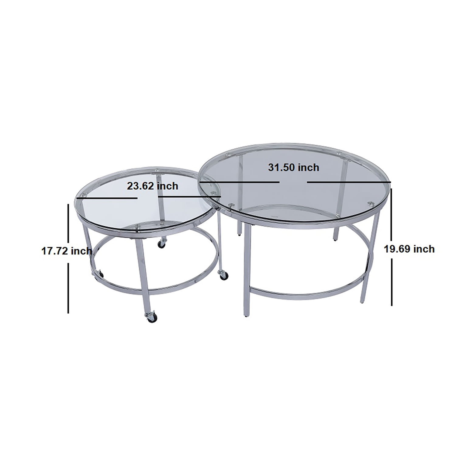 Kepooman Set of 2 Glass Nesting Table for Living Room, Round Side Table on Casters, Silver Kepooman Set of 2 Glass Nesting Table for Living Room, Round Side Table on Casters, Silver