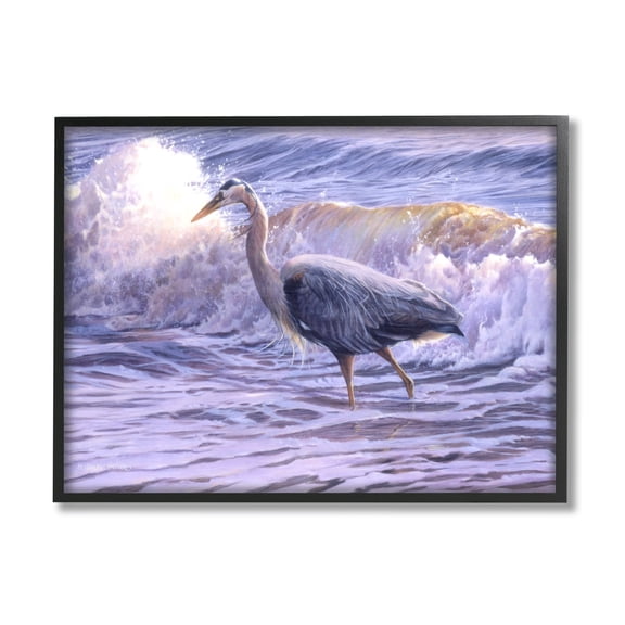 Stupell Industries Crane Bird Splashing Ocean Waves Coastal Photography Black Framed Art Print Wall Art