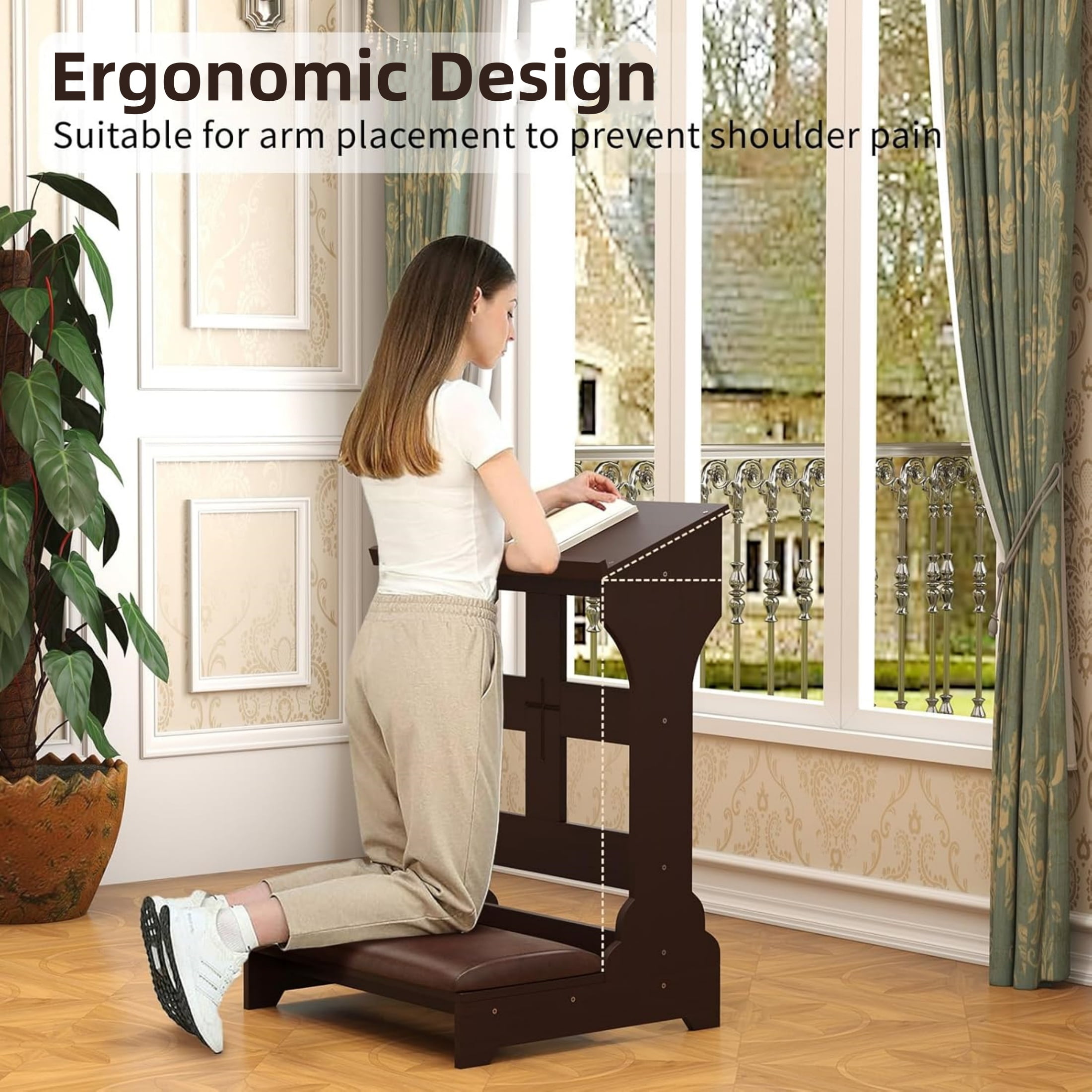 Gtouse Prayer Bench, Padded Prayer Kneeler with Book Shelf and Cushion, Prayer Table Chair Stool for Home & Church, 23.1" x 20.4" x 32.8"