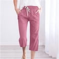 thumbnail image 2 of Capris Pants for Women Cotton Linen Casual Summer 2026 Straight Wide Leg Loose Drawstring Elastic Waist Cropped Trouser Pink L, 2 of 5