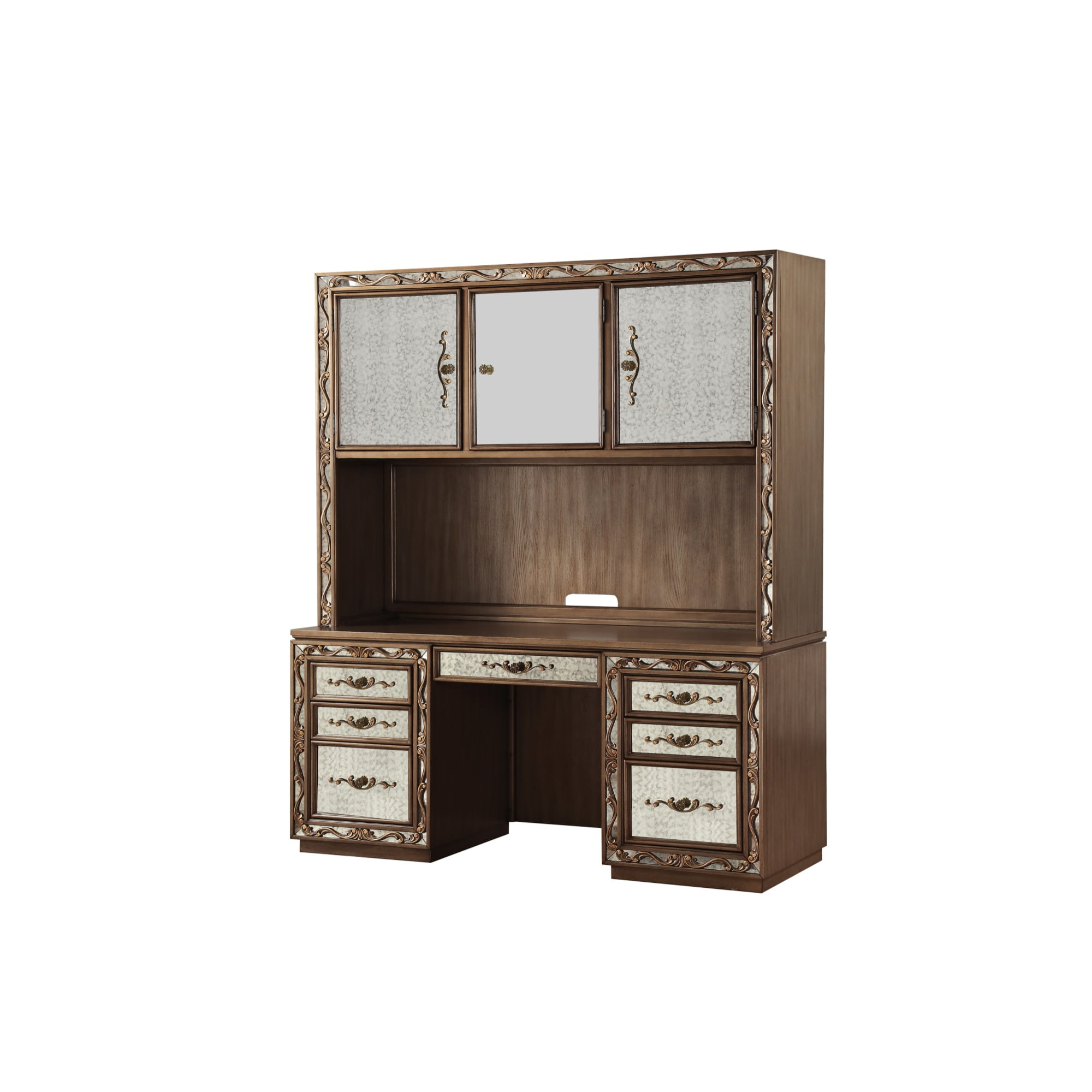 Wooden Computer Desk and Hutch with Vintage Mirror Fronts, Brown