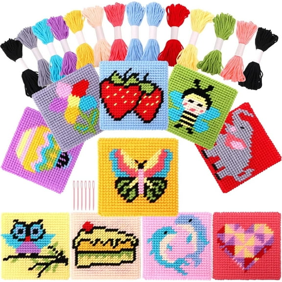 Kids 10-in-1 Cross Stitch Beginner Kit for Kids, Includes Instruction of 10 Different Patterns, 10 Blank Plastic Canvas, and 14 Colored Threads