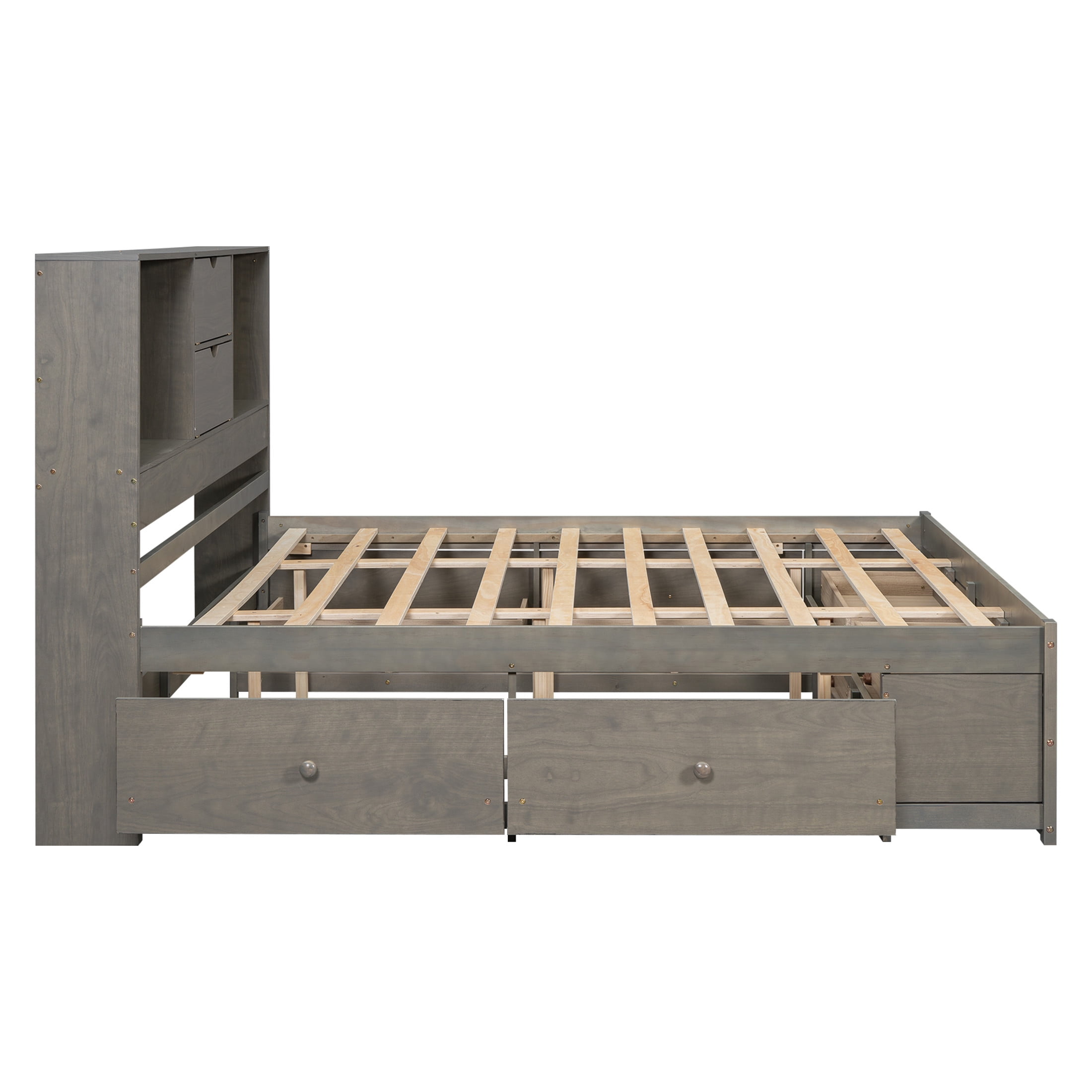 Noble House Solridge King Size Platform Bed with Bookcase Headboard and Storage Drawers, Solid Wood Frame, Gray