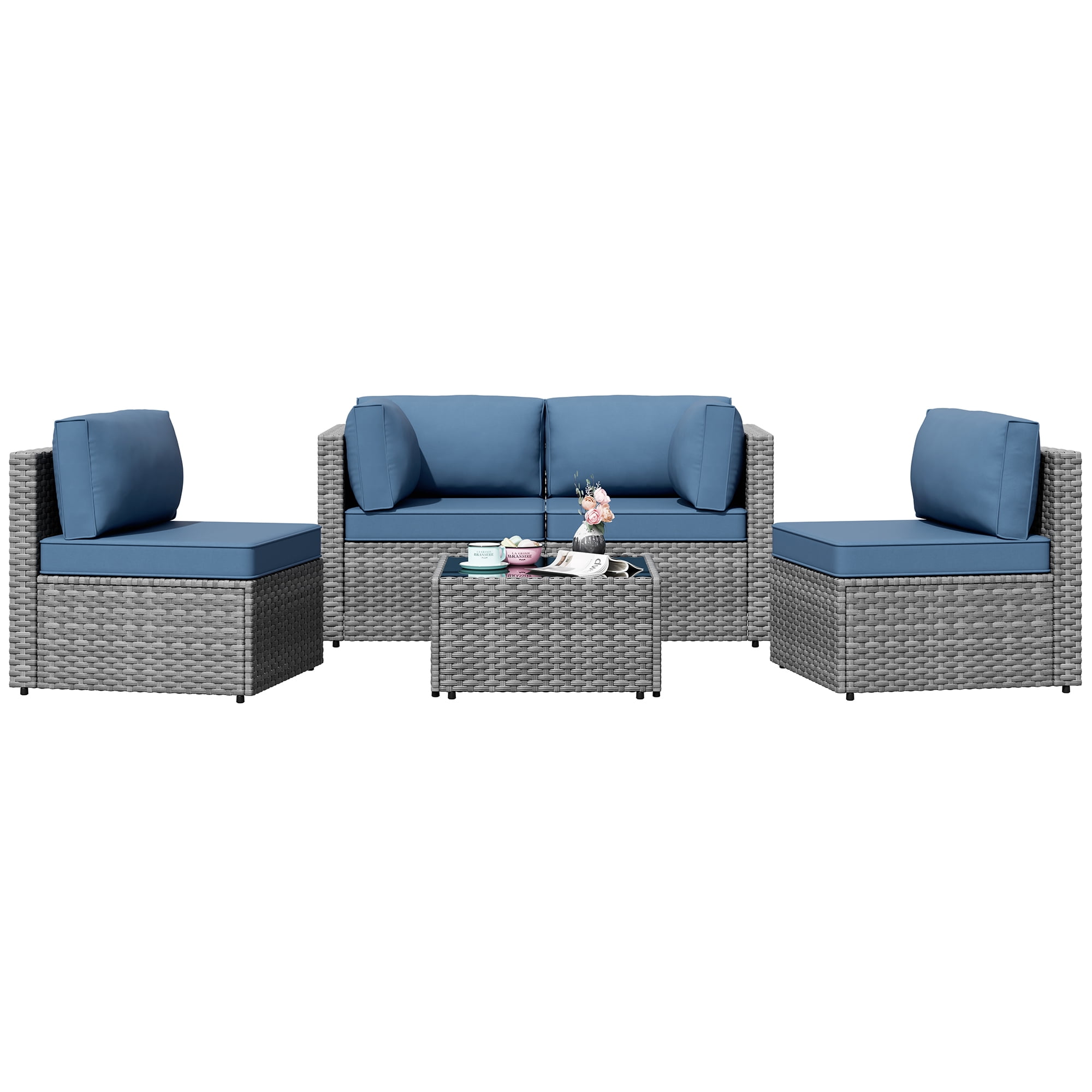 Walsunny 5 Pieces Outdoor Furniture Patio Sectional Sofa Set, Wicker Rattan Conversation Sets with Cushions and Glass Table, Silver Rattan Dark Blue Cushions