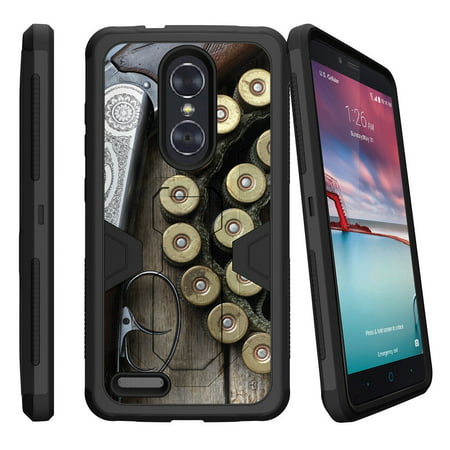ZTE Zmax Pro Z981 Dual Layer Shock Resistant MAX DEFENSE Heavy Duty Case with Built In Kickstand - Shotgun with