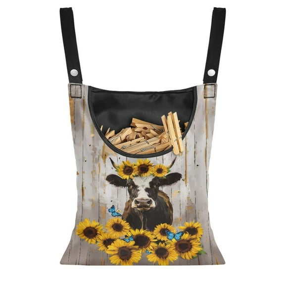 ZIATUBLE Sunflower Cow Clothespin Storage Bag Wooden Clothespin Bag Holder Easy to Clean Hanging Storage Organizer Rack with Large Opening Clothesline Bag for Clothes Pins Outdoor