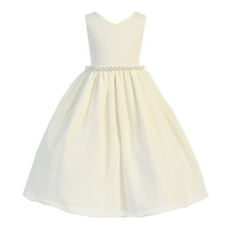 Waisted Wool - Girls Ivory Wool Dobby V-neck Pearl Waist Junior Bridesmaid Dress