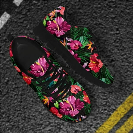 

WHEREISART Tropical Plant Red Hibiscus Fashion Women s Shoes Casual Sneakers Autumn Female Lace-up Mesh Walking Shoes for