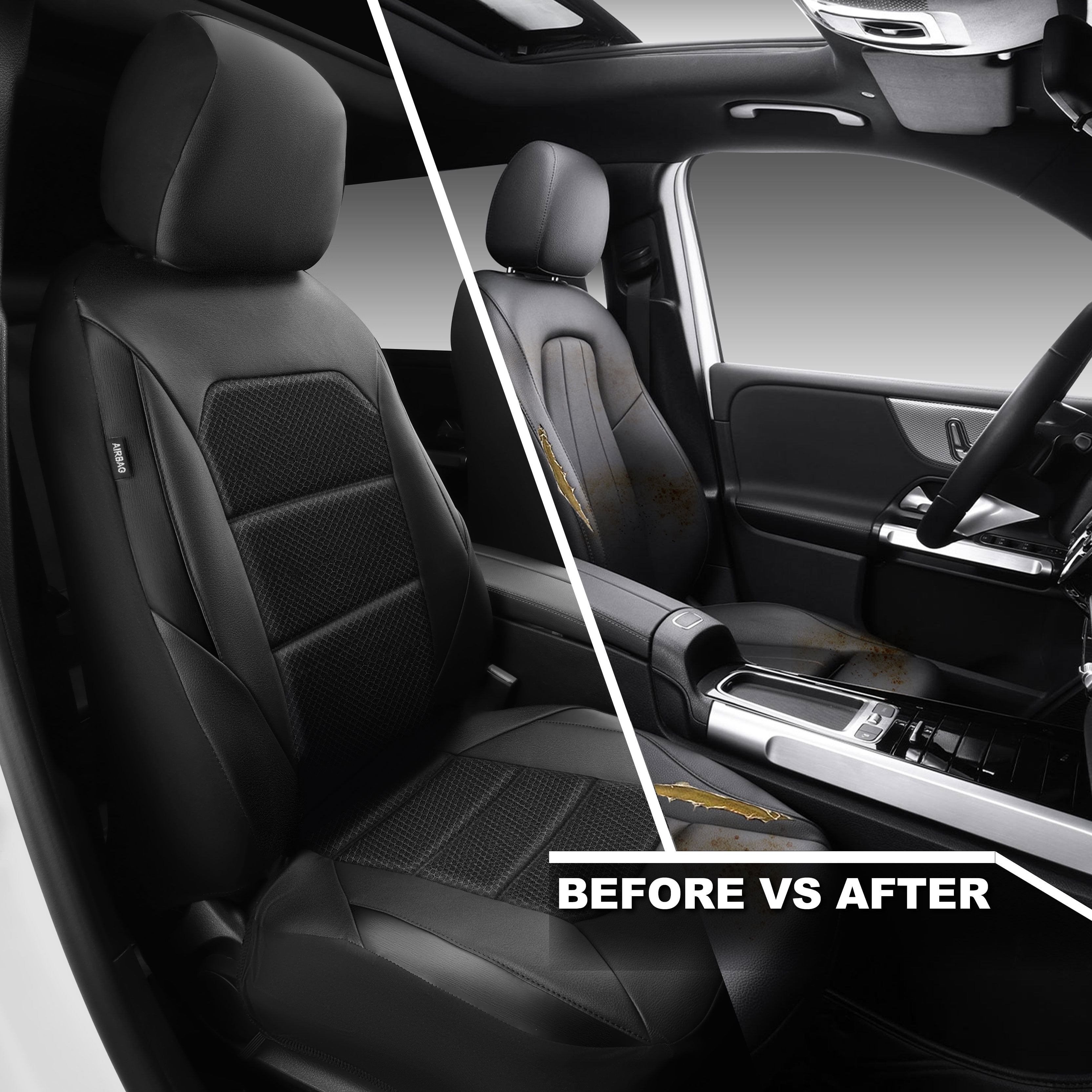 CAR GRAND Memory Foam seat covers Leather Mesh, Universal FIT Air cool mesh Thick car seat covers front seats 2 for SUV,Trucks,Sedan, Comfortable-Breath-Luxury-Protection Airbag compatible Black