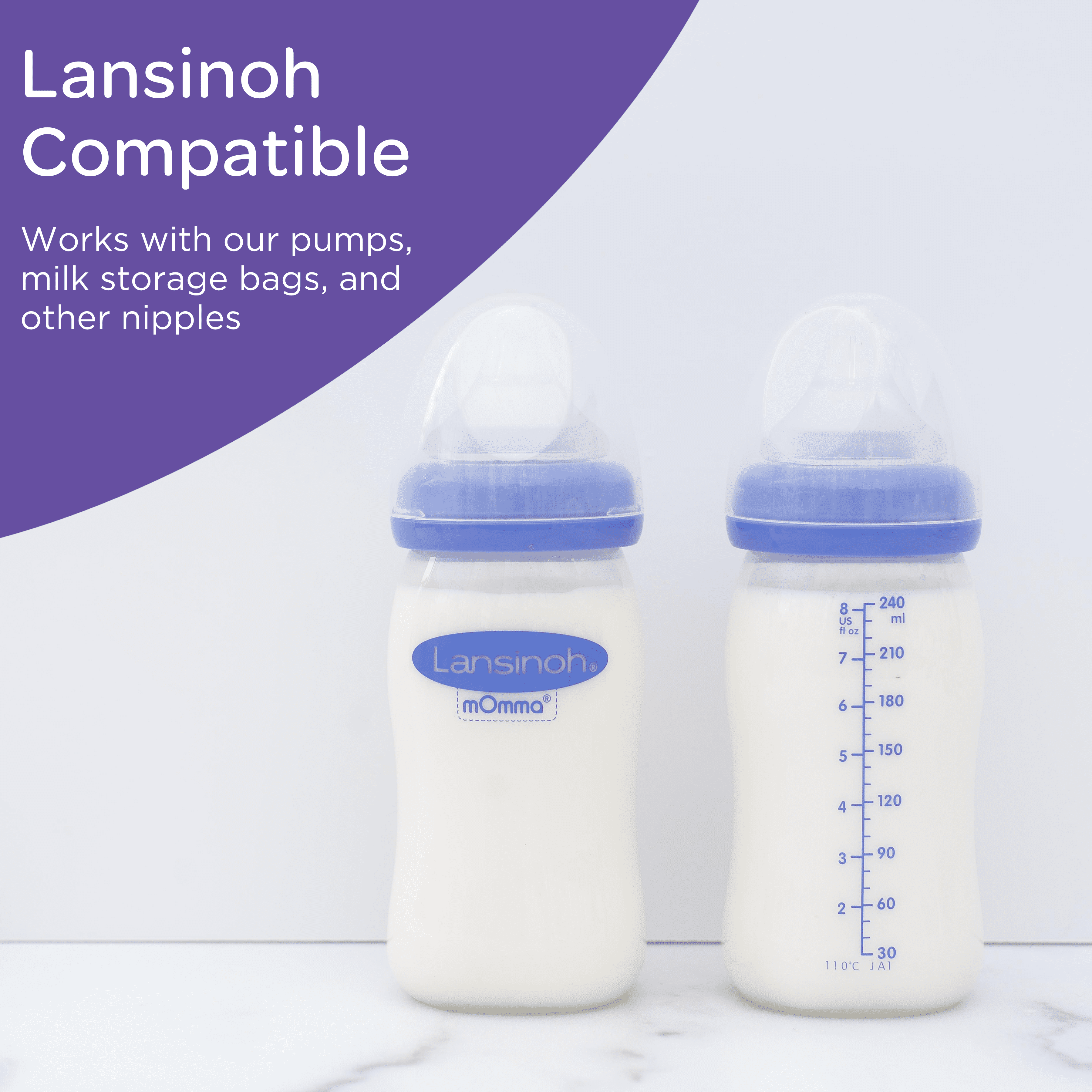 Lansinoh Baby Bottles for Breastfeeding Babies with 3 Medium Flow Nipples  (Size 3M) - 8oz/3ct