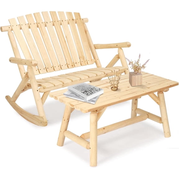 HOMEDIARY Outdoor Wood Rocking Bench Set, Patio Bistro Set-2 Person Rustic Adirondack Log Rocker with Side Table, Slatted Seat/High Backrest, Patio Rocking Furniture Set for Garden Backyard, Natural