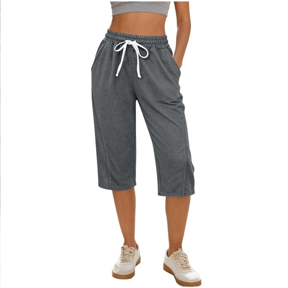 cocolona Womens Summer Casual Capri Pants Elastic Waist Drawstring Loose Cropped Sweatpants Lounge Trousers with Pocket