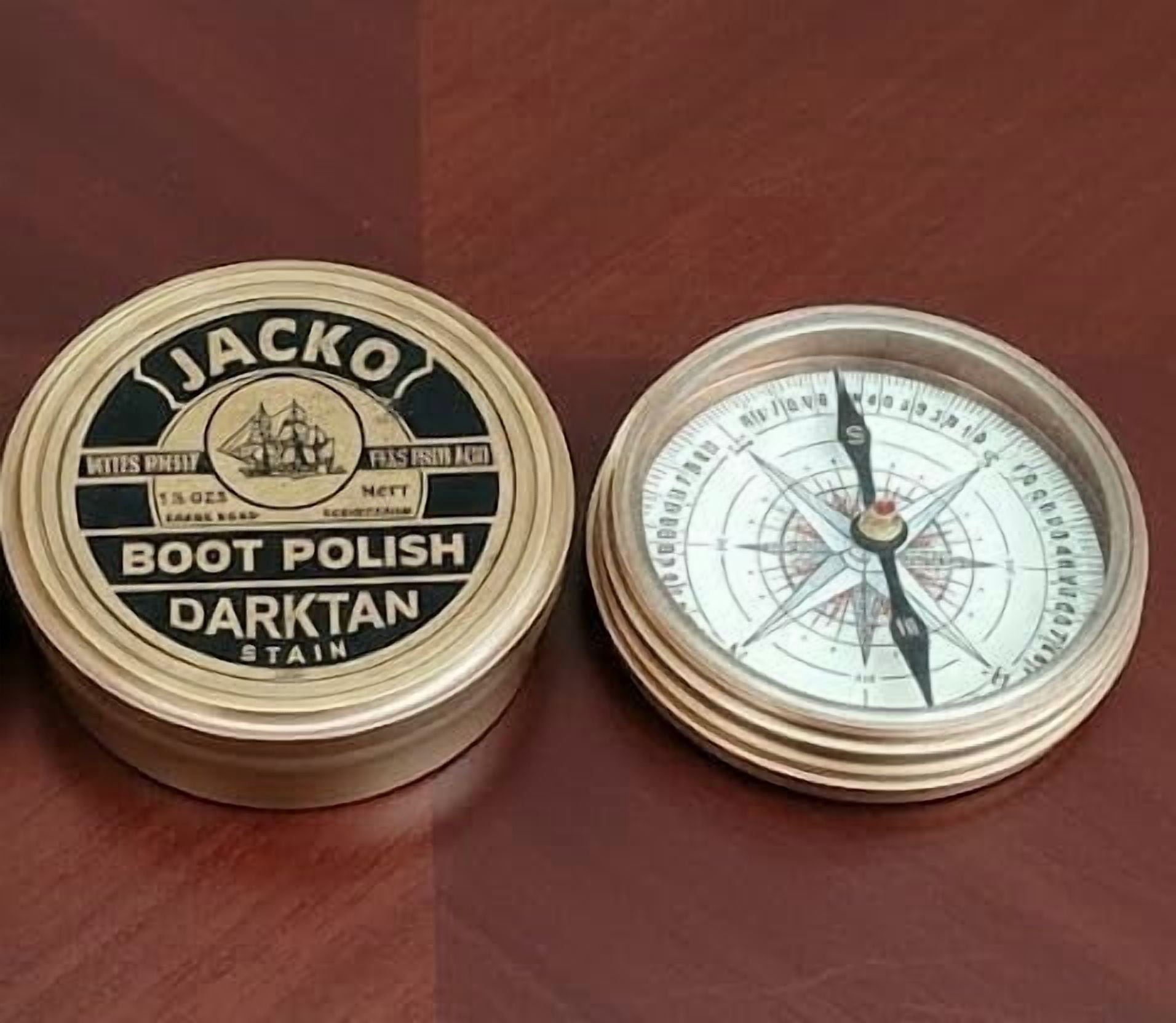 Maritime treasures Vintage Brass Pocket Compass Hidden in Boot Polish Tin Box – Maritime Navigation Compass for Hiking, Camping