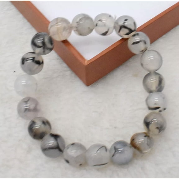 K-KED 10MM Black Dragon Veins Agate Round Gemstone Stretchy Bangle Bracelet 7.5''