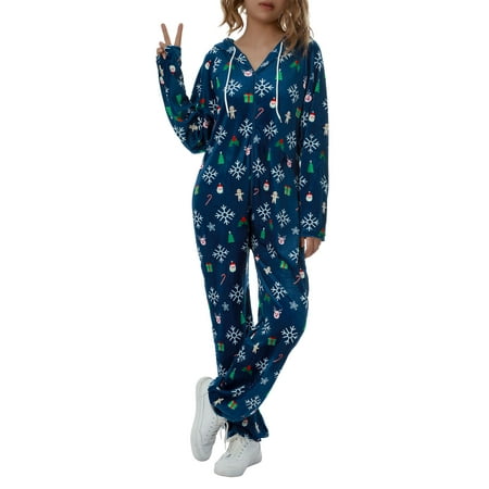 

Women Christmas Cozy Onesie Long Sleeve Zipper Drawstring Pajamas Hooded Jumpsuit Print Rompers Sleepwear