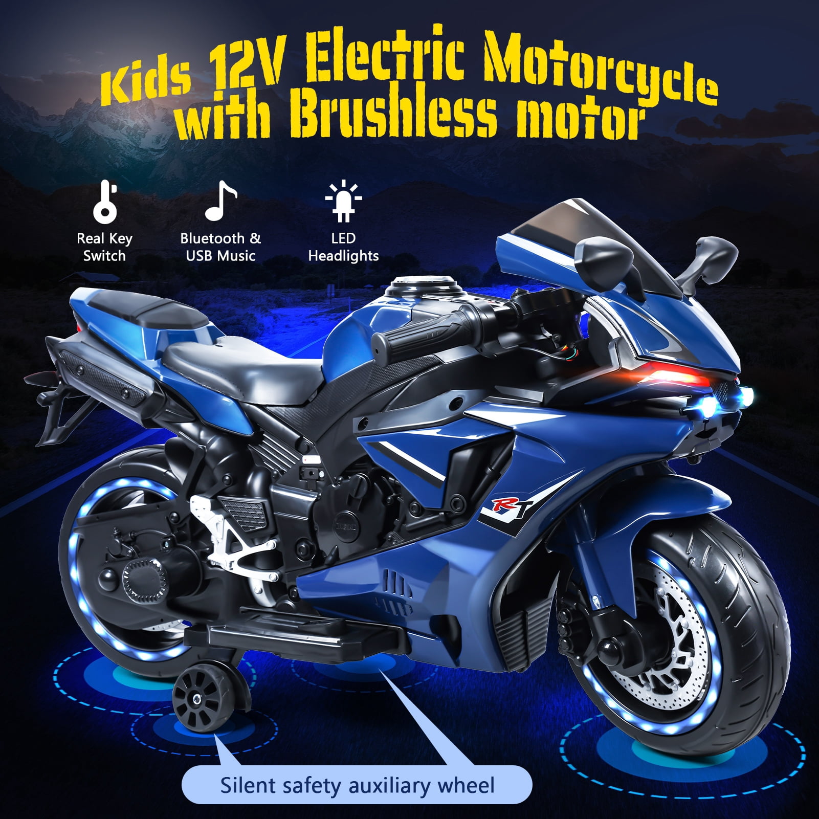 Suhire Kids Electric Motorcycle, 12V Ride-On Dirt Bike with Safety Wheels, 9mph Speed, Light Up Tires, Age 2-8