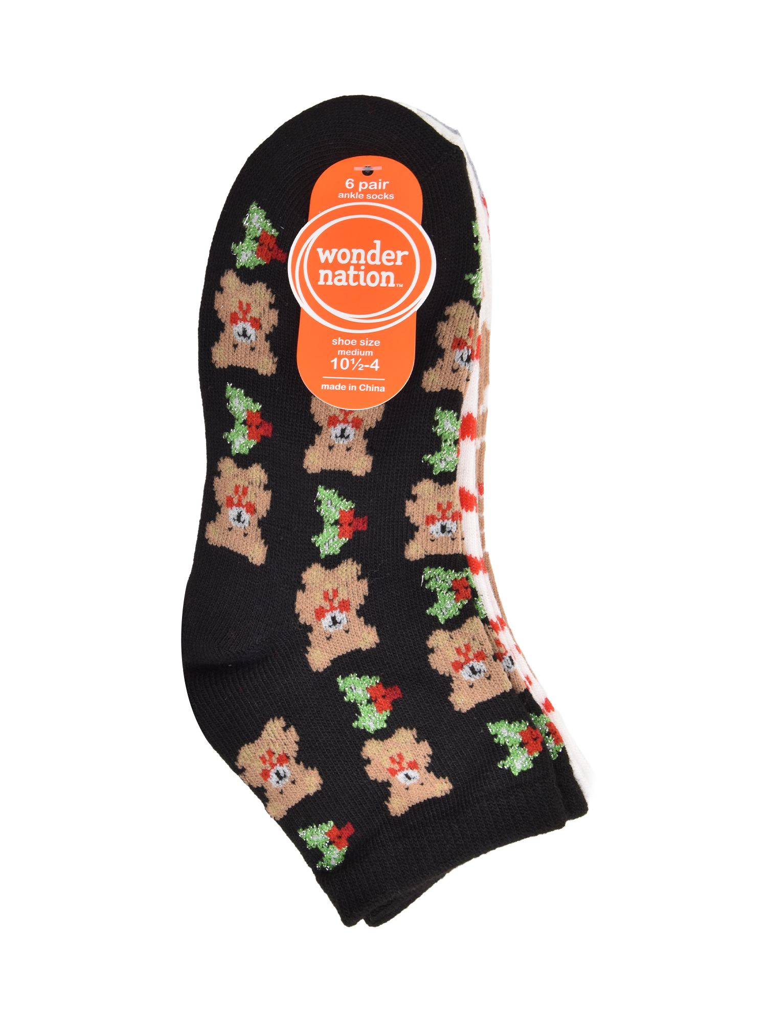 Wonder Nation Girls Teddy Bear and Holiday Quarter Crews Socks, 6-pack, Size Medium (Shoe Size 10.5-4)