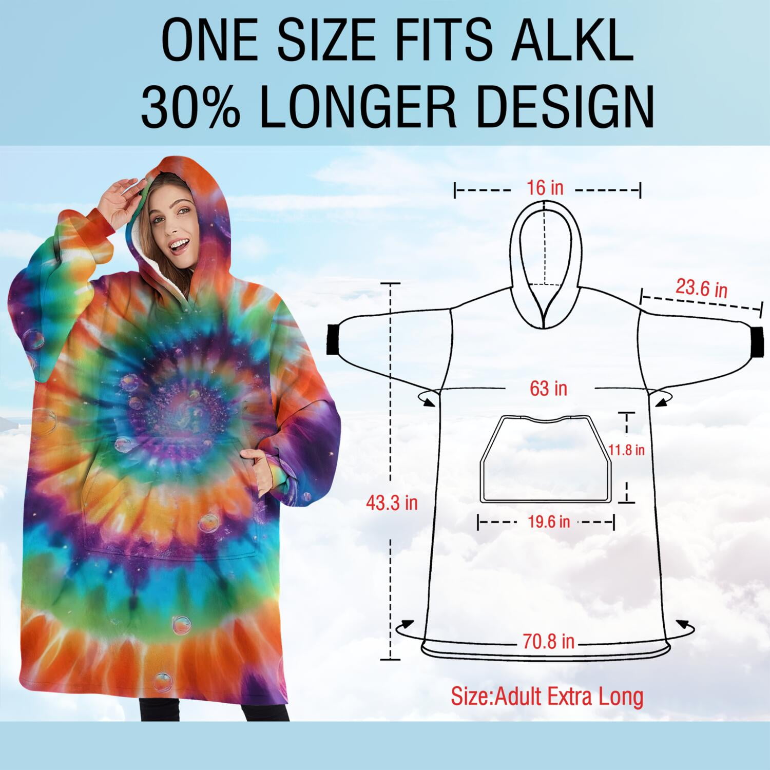 Oversized Wearable Blanket Hoodie,Rainbow Tie Dye Mandala Pattern Sherpa Blanket Hoodie with Super Pockets,Super Warm Fuzzy Pullover for Women & Men