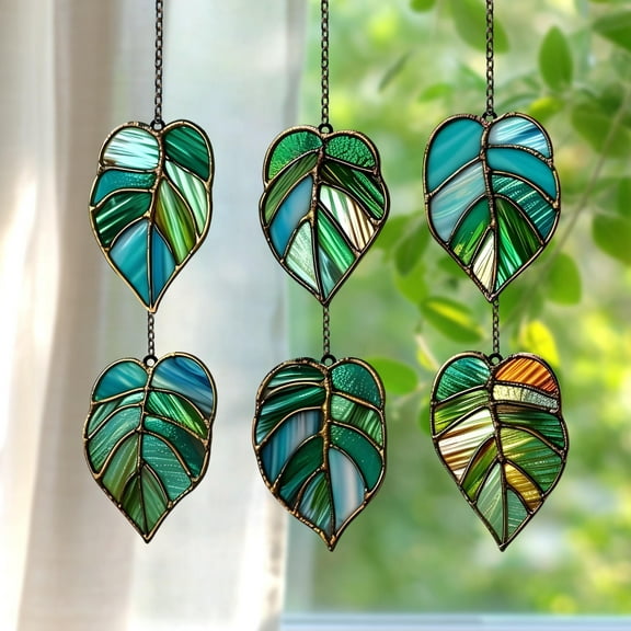 Hanging Monstera Leaves Acrylic Suncatcher, Modern Boho Faux Stained Glass Plant Wall Art, Cottagecore Kitchen Accent, Housewarming Gift