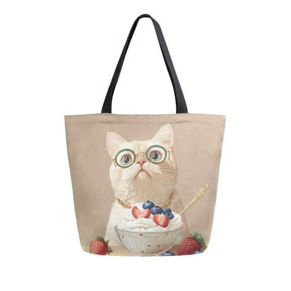 Durable Canvas Tote Bag with Zip Pocket Bags for Woman Shoulder Versatile Carryall for Everyday Use Cream-colored Cat