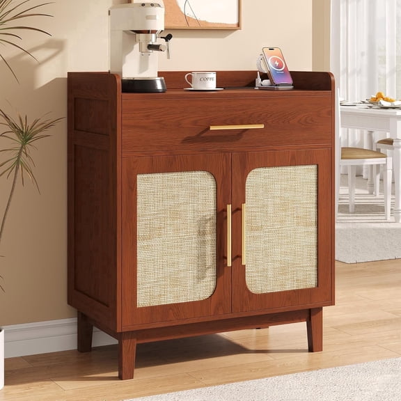 Einhomn 30" Sideboard Buffet Cabinet, 2 Rattan Doors & Drawer, Boho Storage Cabinet with Charging Station and Adjustable Shelves, Walnut