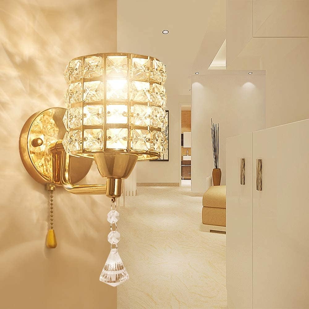 GUSTELL Crystal Wall Sconce Modern LED Wall Lighting Fixture E27 Decorative Wall Mount Lamp with Pull Chain Switch for Bedroom Living Room Aisle Study Room Hallway Single Head Gold Walmart