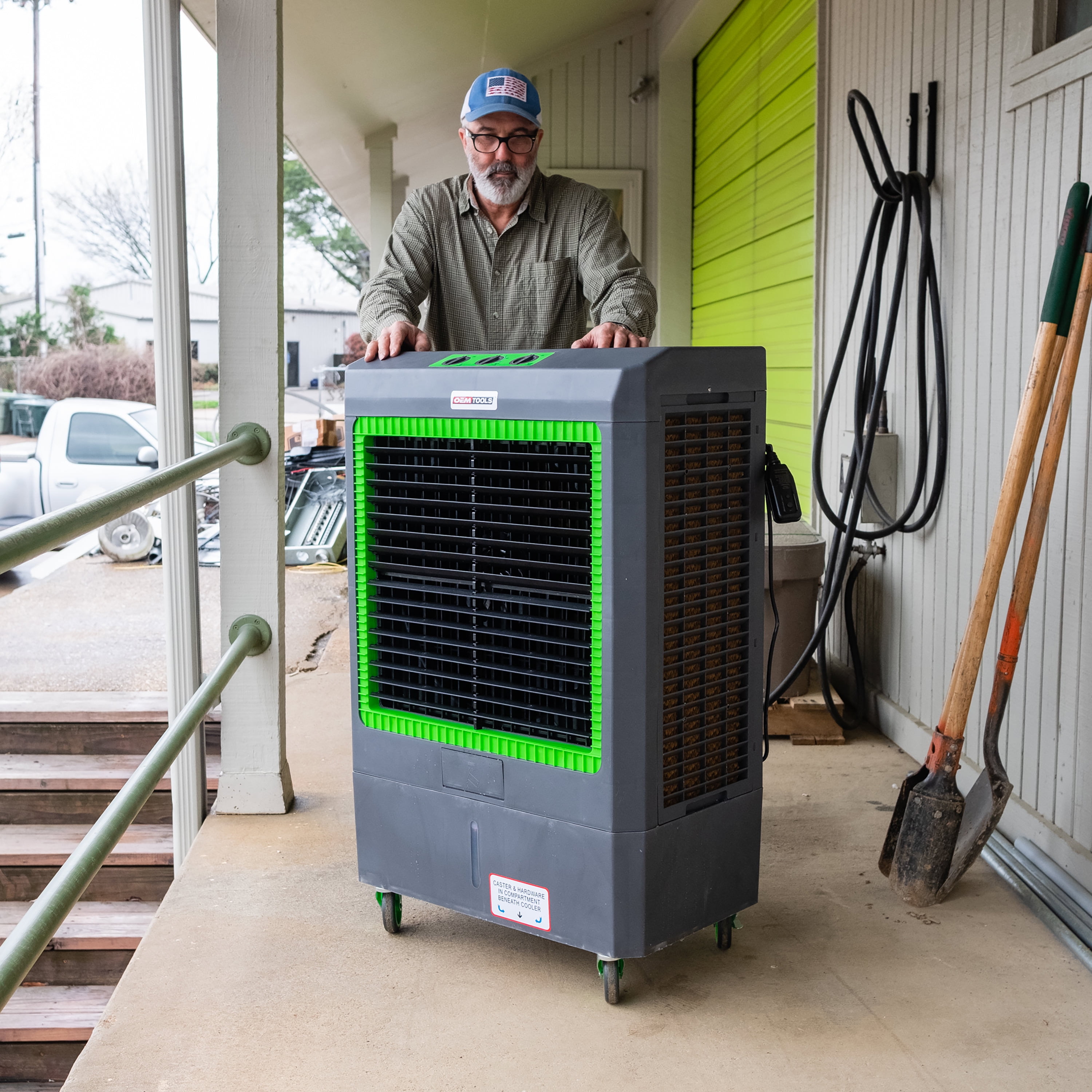 OEMTOOLS 23969 3-Speed Evaporative Cooler, Cools Up to 1,600 Square Feet, Oscillates for Broad Coverage, 5300 CFM, Evap Air Cooler with Wheels